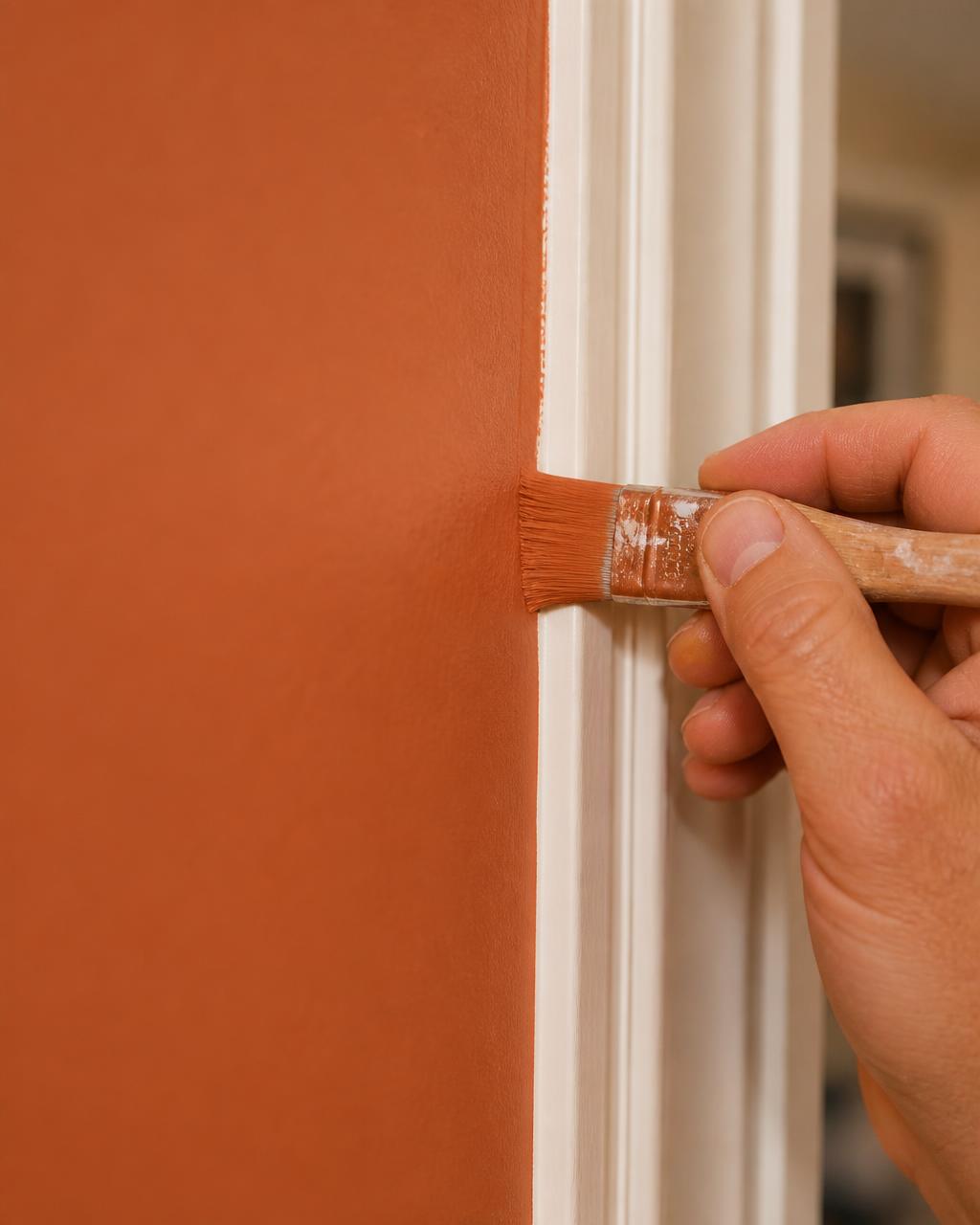 Painter cutting in a flawless terracotta edge against white trim