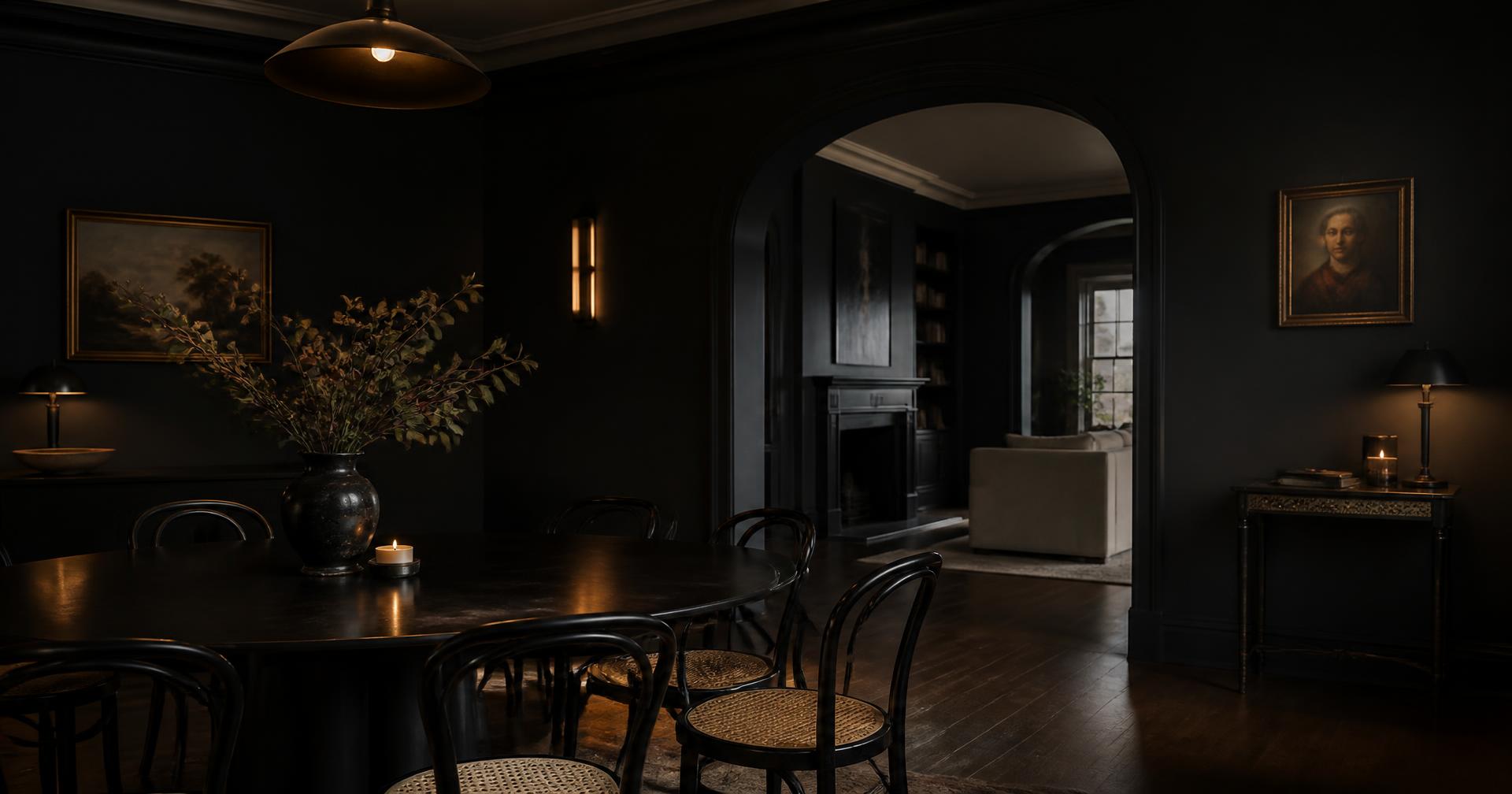 Elegant dining room painted in a deep charcoal finish