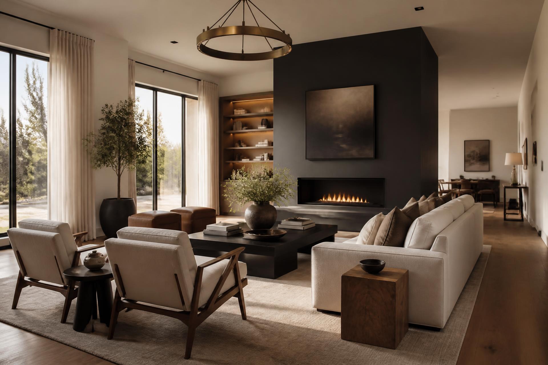 Luxury living room with freshly painted warm white walls and a deep charcoal accent wall