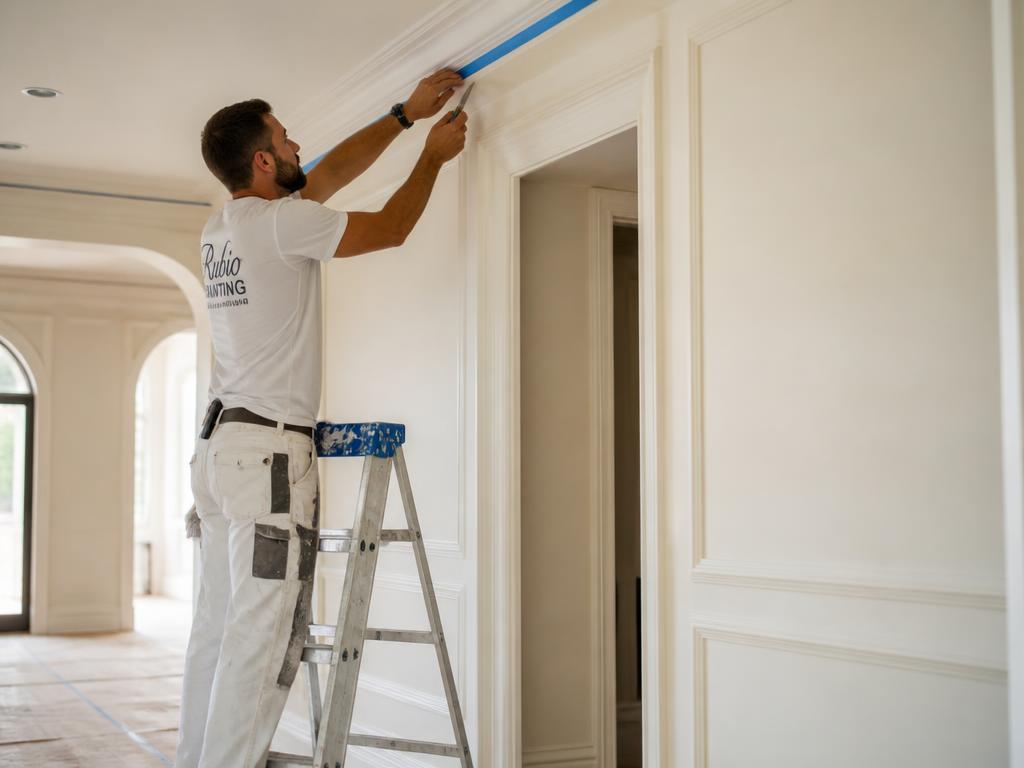 Professional painter masking a ceiling line in an empty luxury home